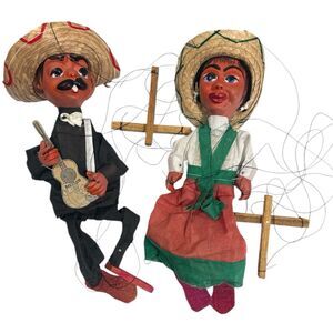 Vintage Pair (2) Of Mexican String Puppet Marionette Senorita And Senor Guitar